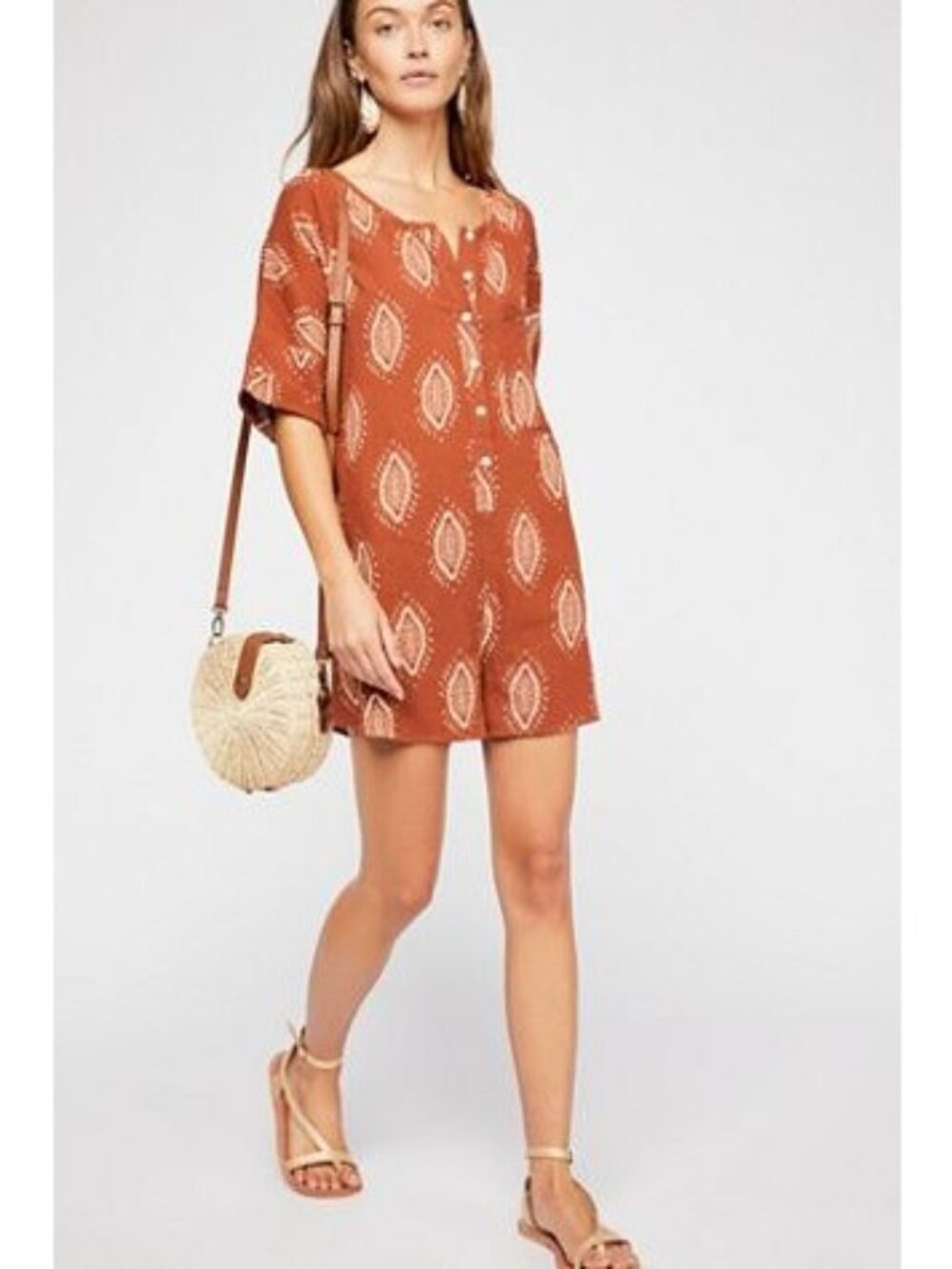 Free People Rust Orange Printed Boho Playsuit Romper Button Front Pockets